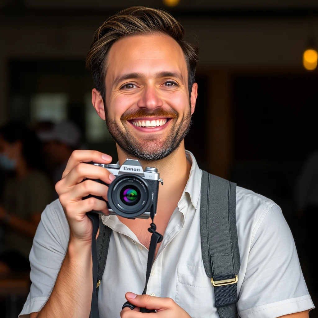 Portrait of the photographer, smiling with camera in hand